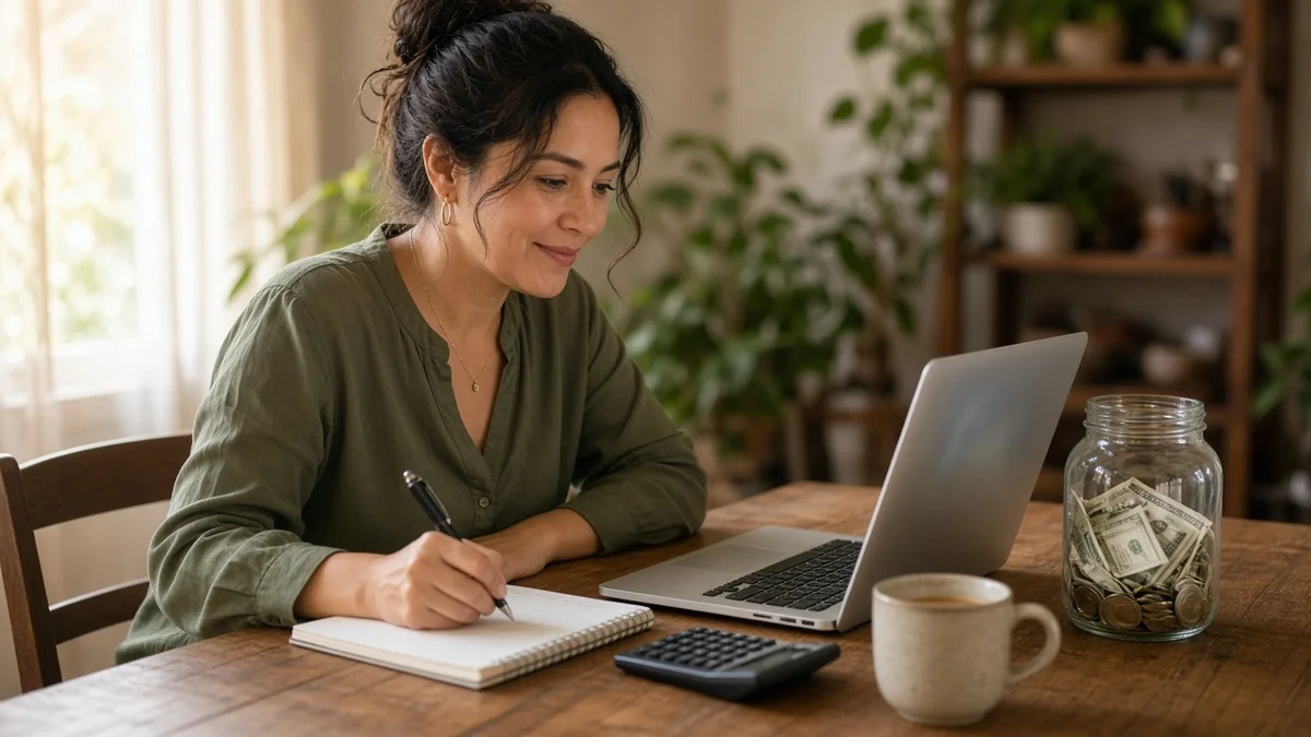 Emprendedora en la mesa de su casa revisa números en una laptop y una libreta junto a un frasco con billetes y monedas.
