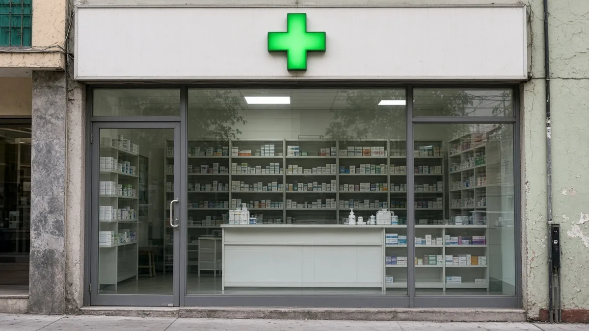 Fachada de farmacia de barrio con cruz verde, sin logotipos