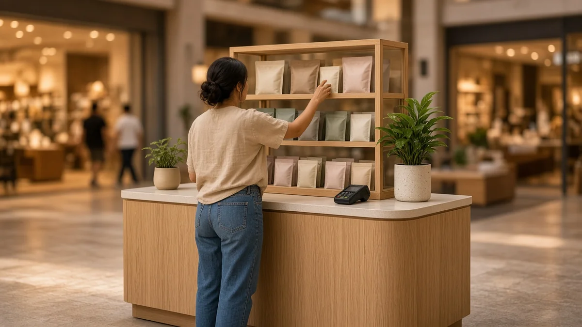 Pequeño kiosco de negocio en una plaza comercial con mostrador y exhibidor, sin marcas.
