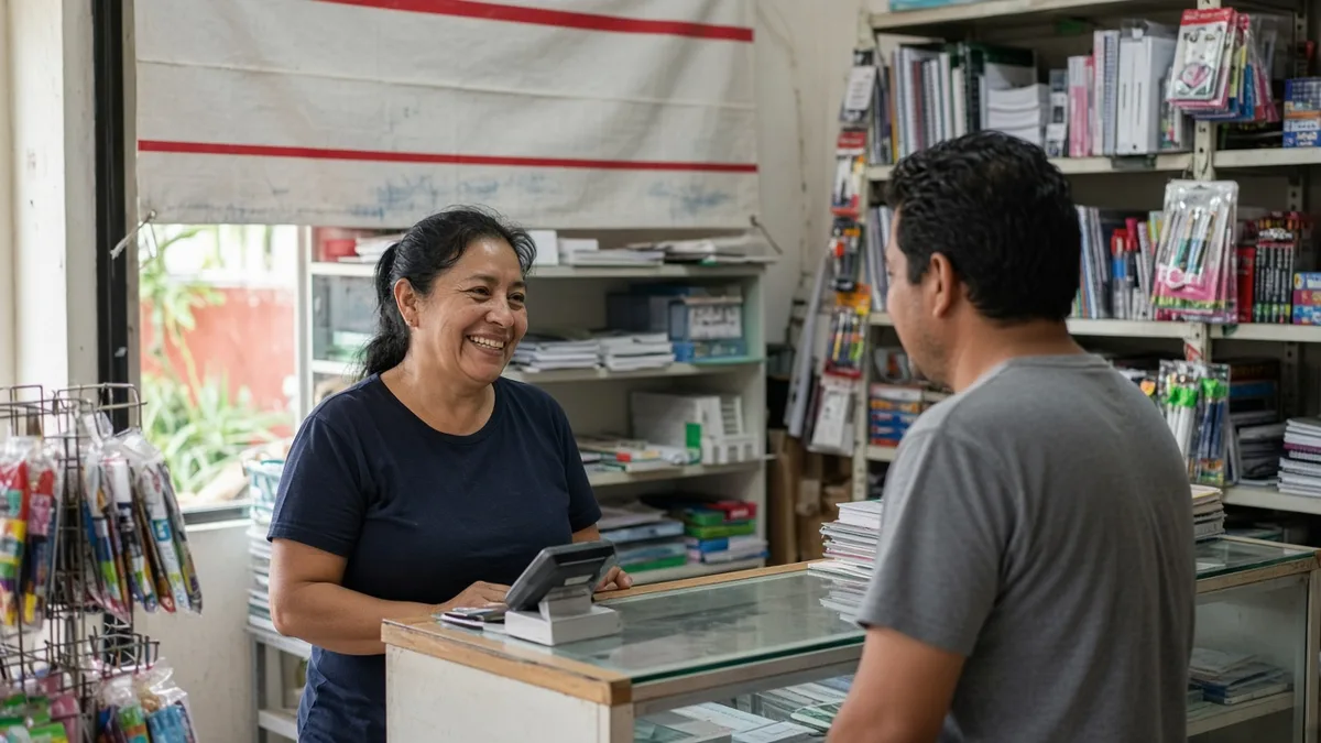 Dueña de una papelería de colonia en México atendiendo a un vecino en el mostrador