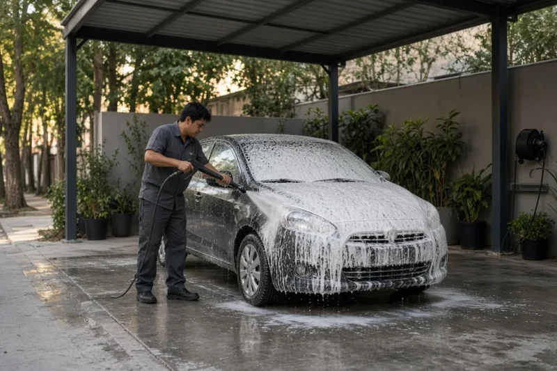 Trabajador lavando un auto con espuma en un autolavado moderno de la Ciudad de México