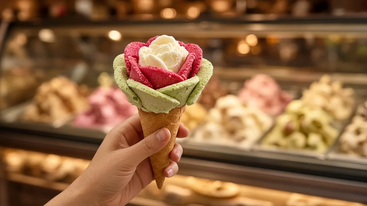 Cono de gelato servido en forma de flor con pétalos de varios sabores en una heladería elegante