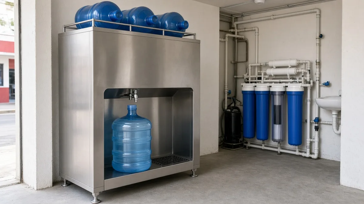 Despachador de agua purificada de autoservicio con garrafones, sin logotipos