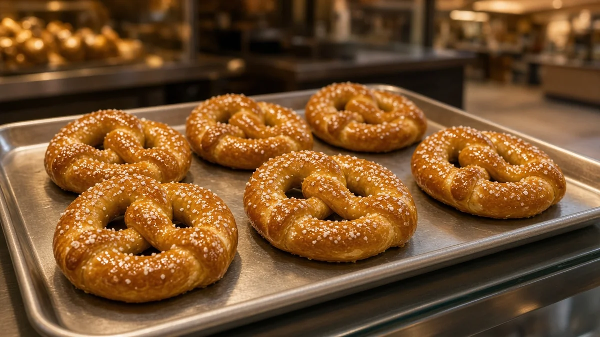 Pretzels suaves recién horneados con mantequilla en una charola, sobre el mostrador de un local de antojos
