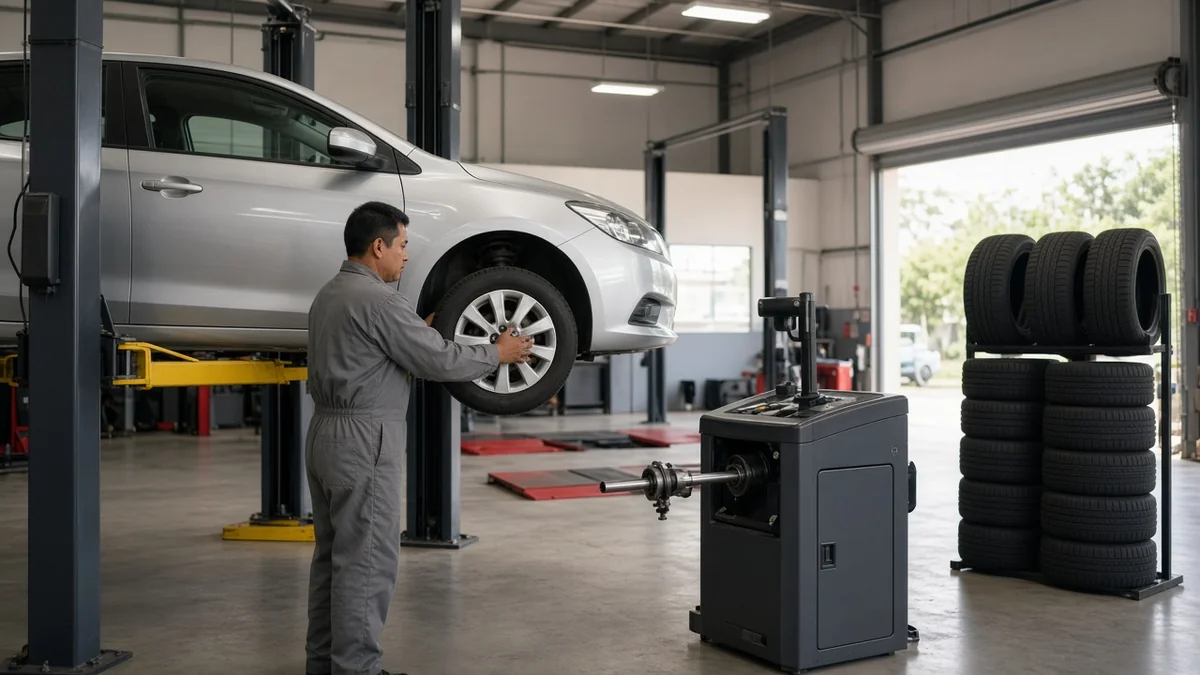 Técnico instalando una llanta nueva en un auto elevado dentro de un centro de servicio automotriz, sin marcas