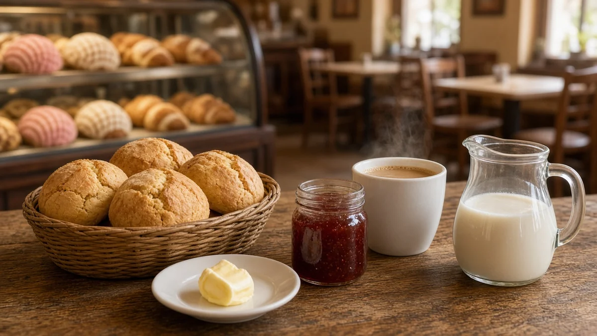 Canasta de bisquets recién horneados con mantequilla y mermelada junto a una taza de café en una mesa de restaurante