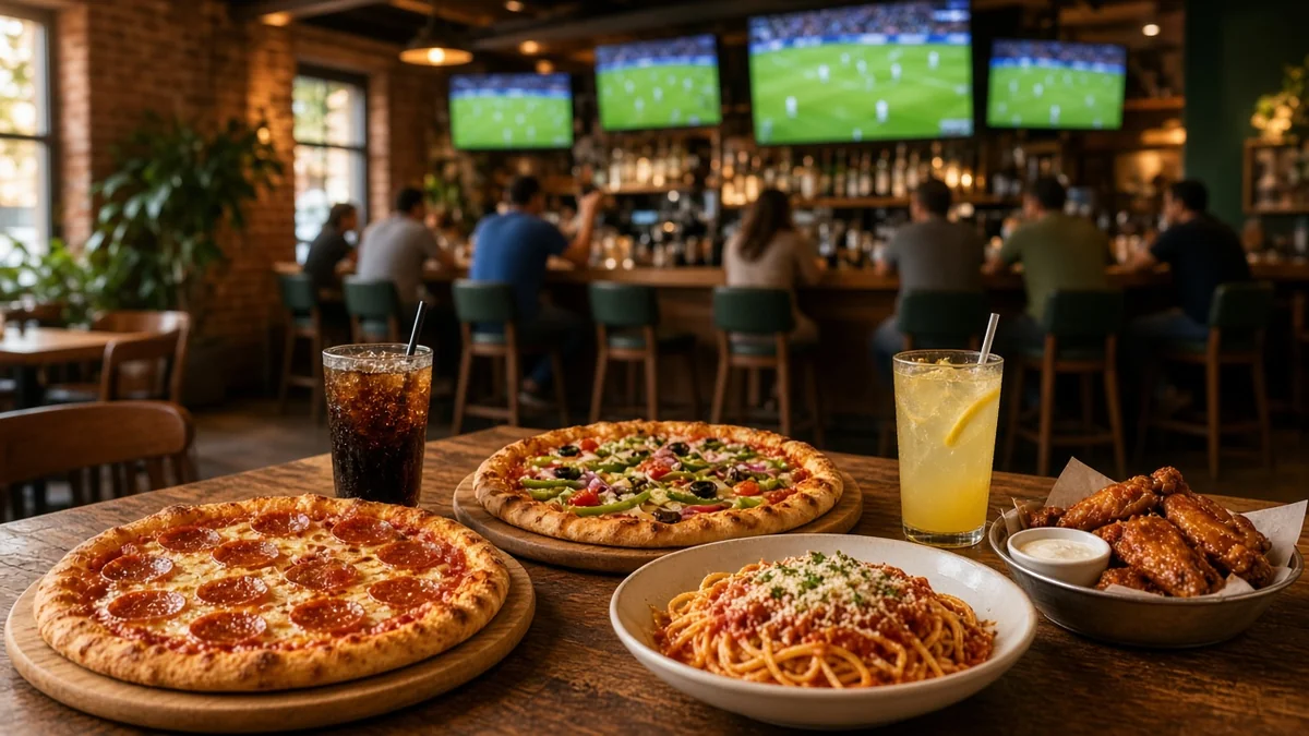 Interior de un restaurante bar deportivo familiar con pizzas en la mesa y pantallas con un partido de futbol