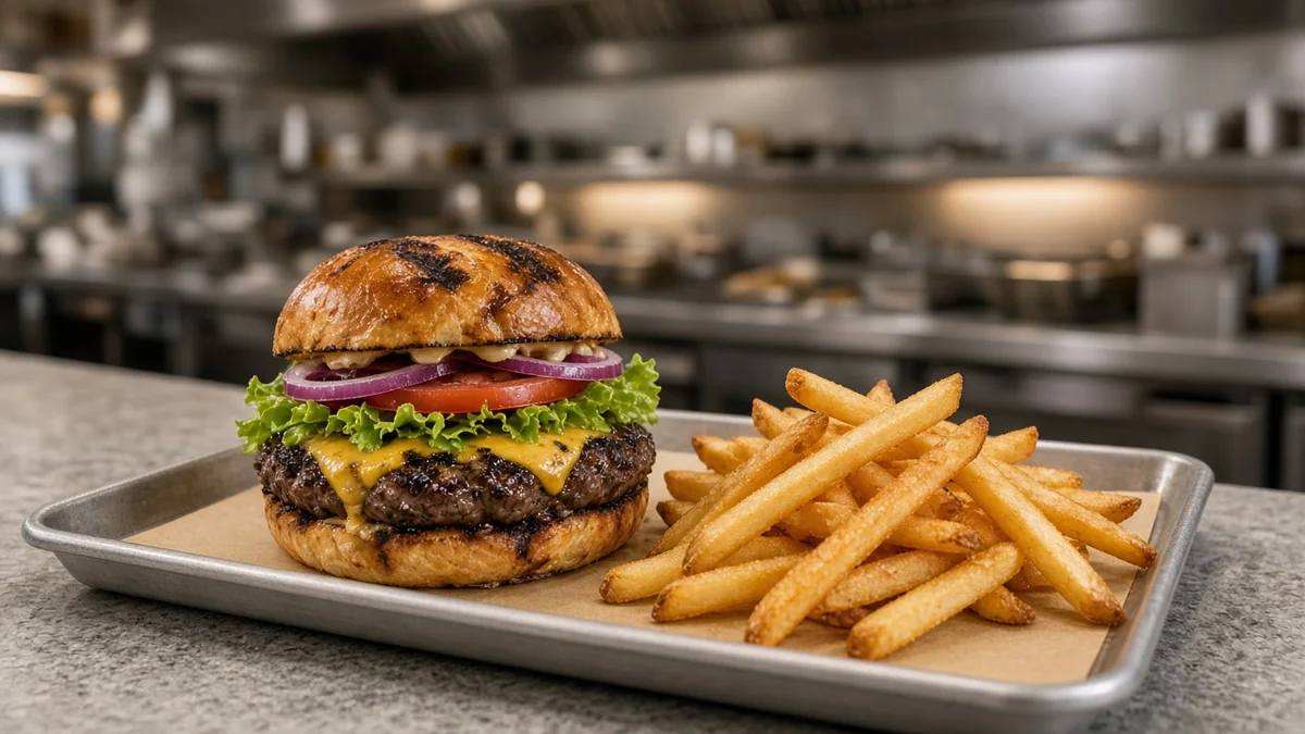 Hamburguesa con papas fritas en la barra de un restaurante de comida rápida