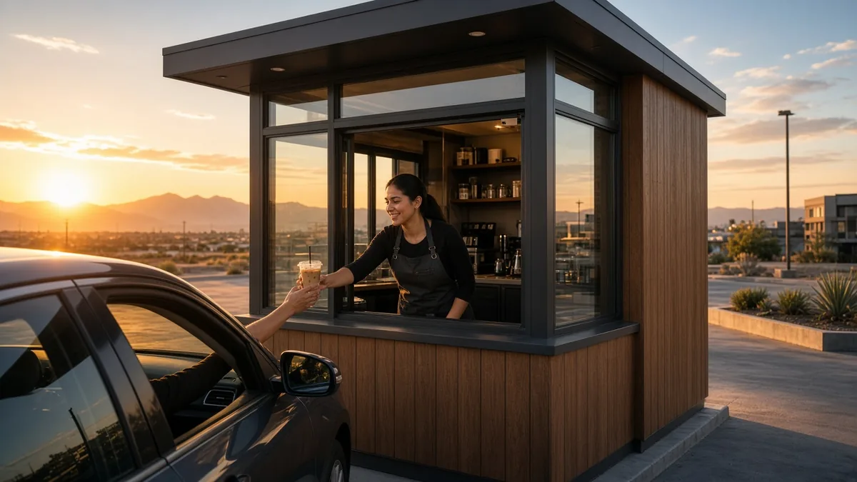 Barista entregando un café helado en un drive thru al amanecer