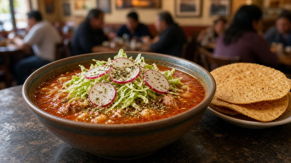 Plato de pozole rojo con tostadas, rábano y lechuga sobre una mesa de restaurante