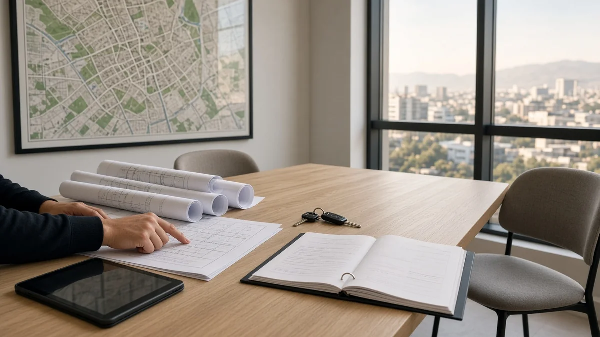Oficina inmobiliaria moderna con escritorios, planos sobre la mesa y un mapa de la ciudad en la pared, sin logotipos