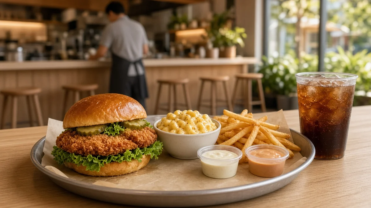 Sándwich de pollo crujiente con tenders y papas sobre una charola en un restaurante de comida rápida