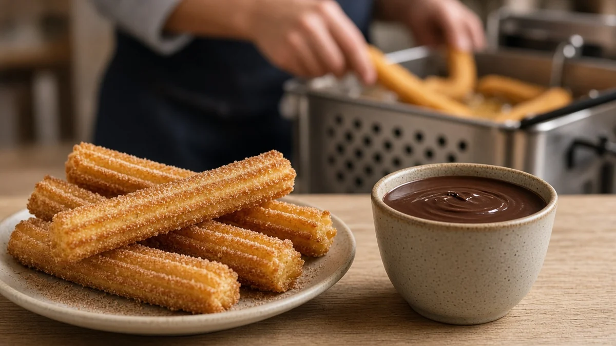 Churros recién hechos con azúcar y canela junto a una taza de chocolate caliente sobre una mesa de madera