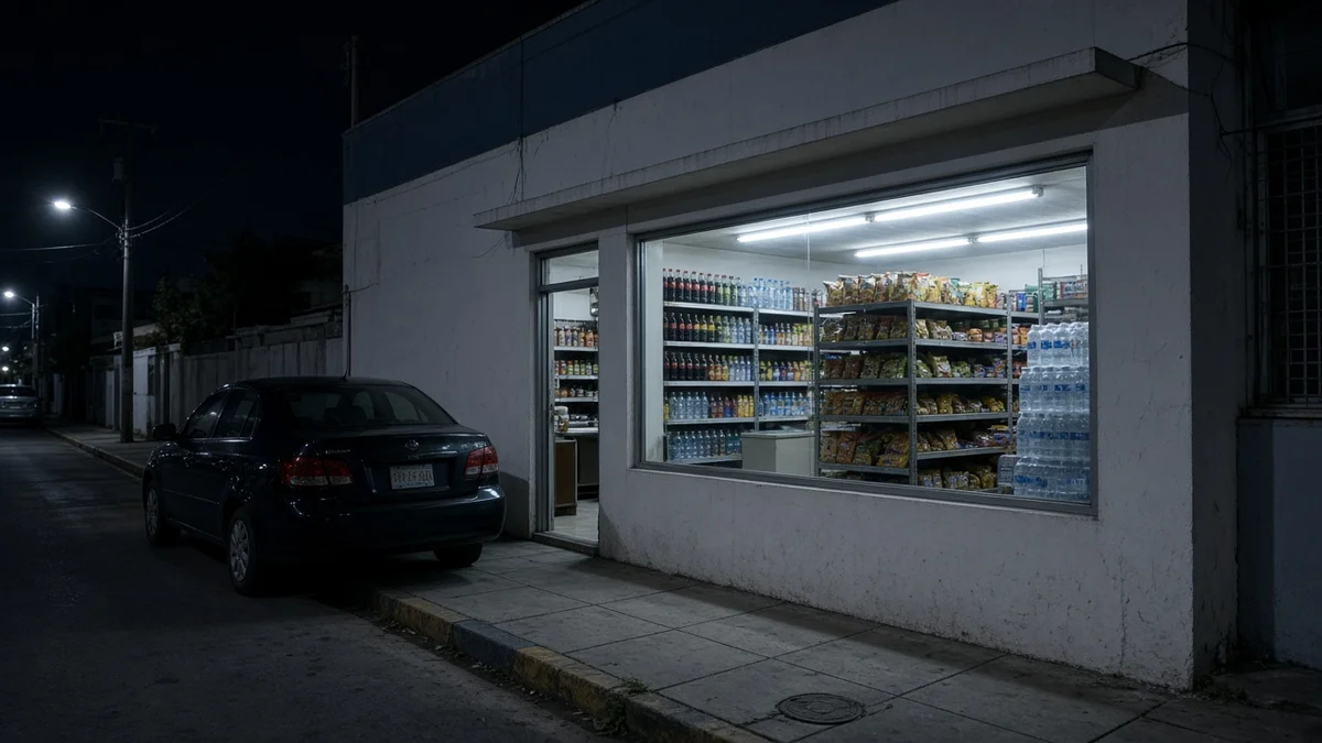 Tienda de conveniencia iluminada de noche con estantes de bebidas y botanas