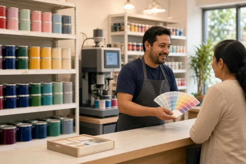 Empleado mostrando una carta de colores a una clienta en una tienda de pintura