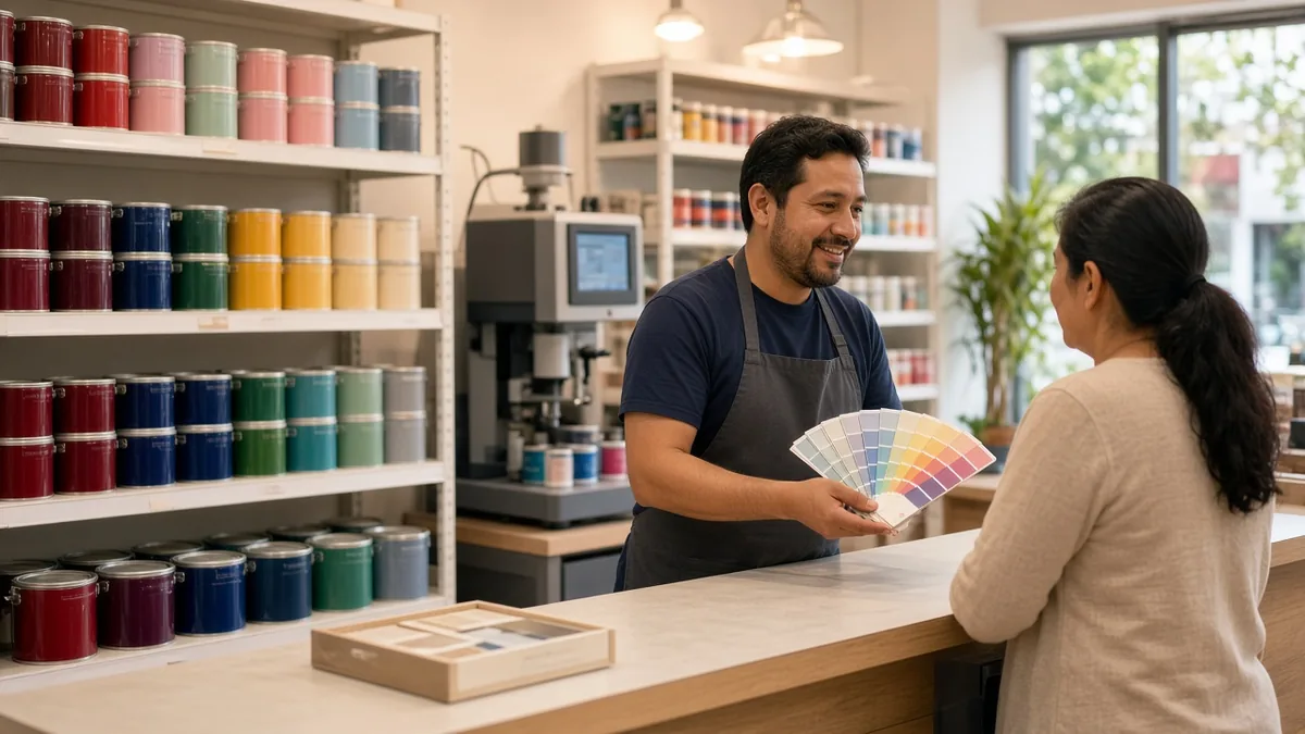 Empleado mostrando una carta de colores a una clienta en una tienda de pintura