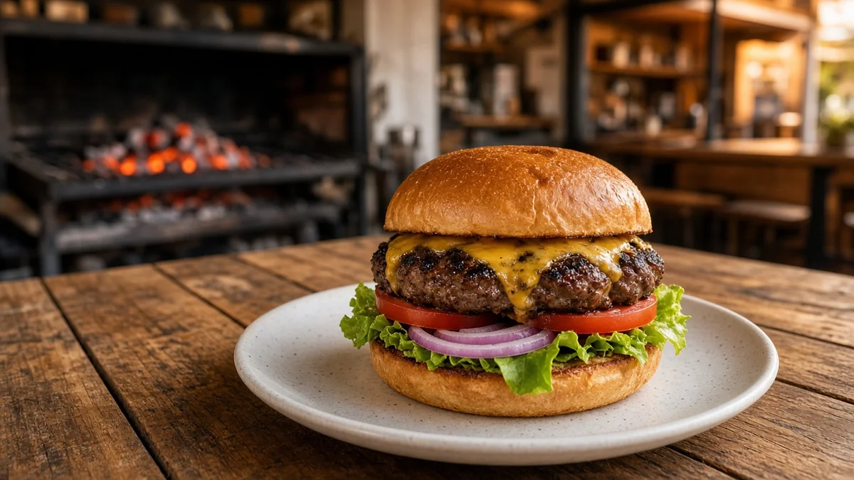 Hamburguesa gruesa al carbon con vegetales frescos en un restaurante casual sin marcas visibles