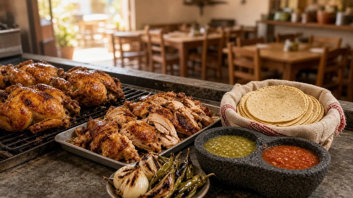 Pollos asados enteros en una parrilla de rosticería con tortillas y salsas en la barra.