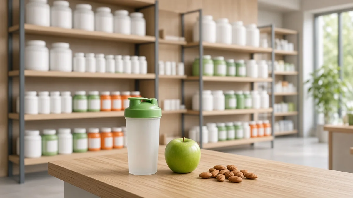 Estante de tienda de vitaminas y suplementos con frascos y botes de proteína sin etiquetas visibles