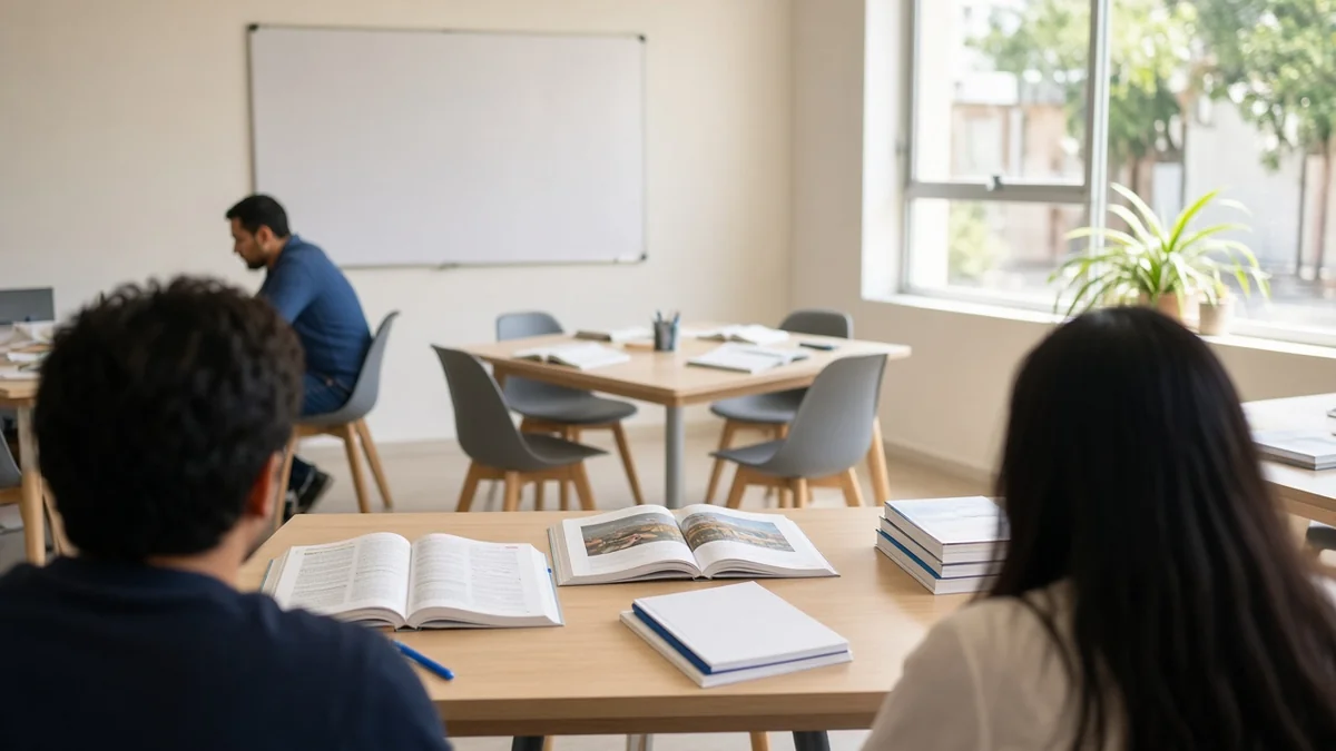 Salón de clases de inglés con mesas, pizarrón blanco y libros abiertos sobre los escritorios