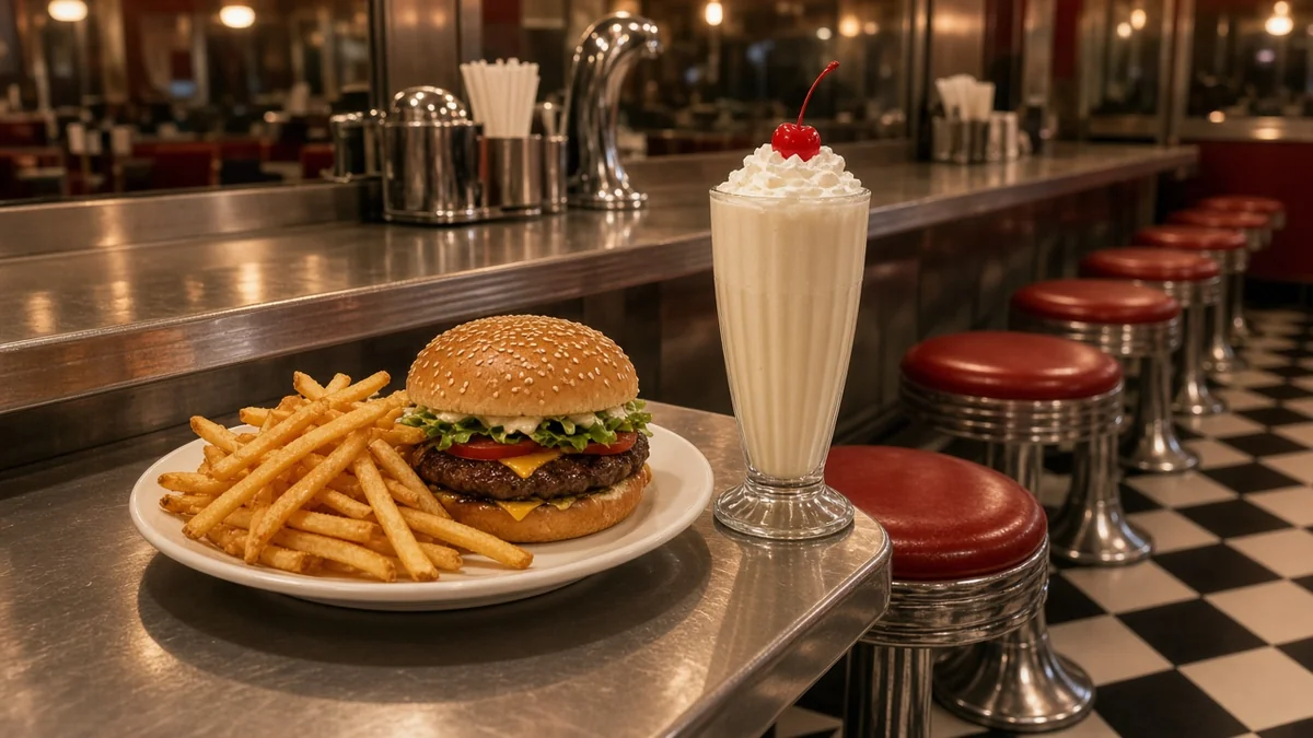 Interior de un diner americano con hamburguesas, malteadas y banqueta de cromo sin logotipos ni texto