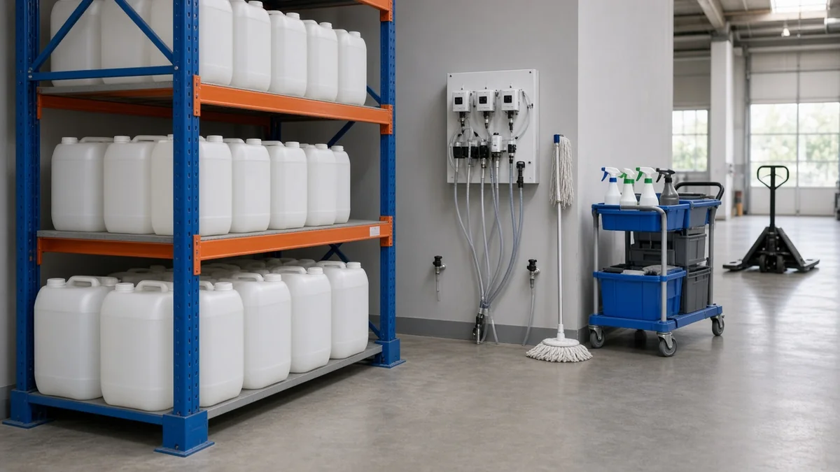 Almacén de productos de limpieza profesional con garrafas, equipos de dosificación y carros de servicio sin marcas visibles