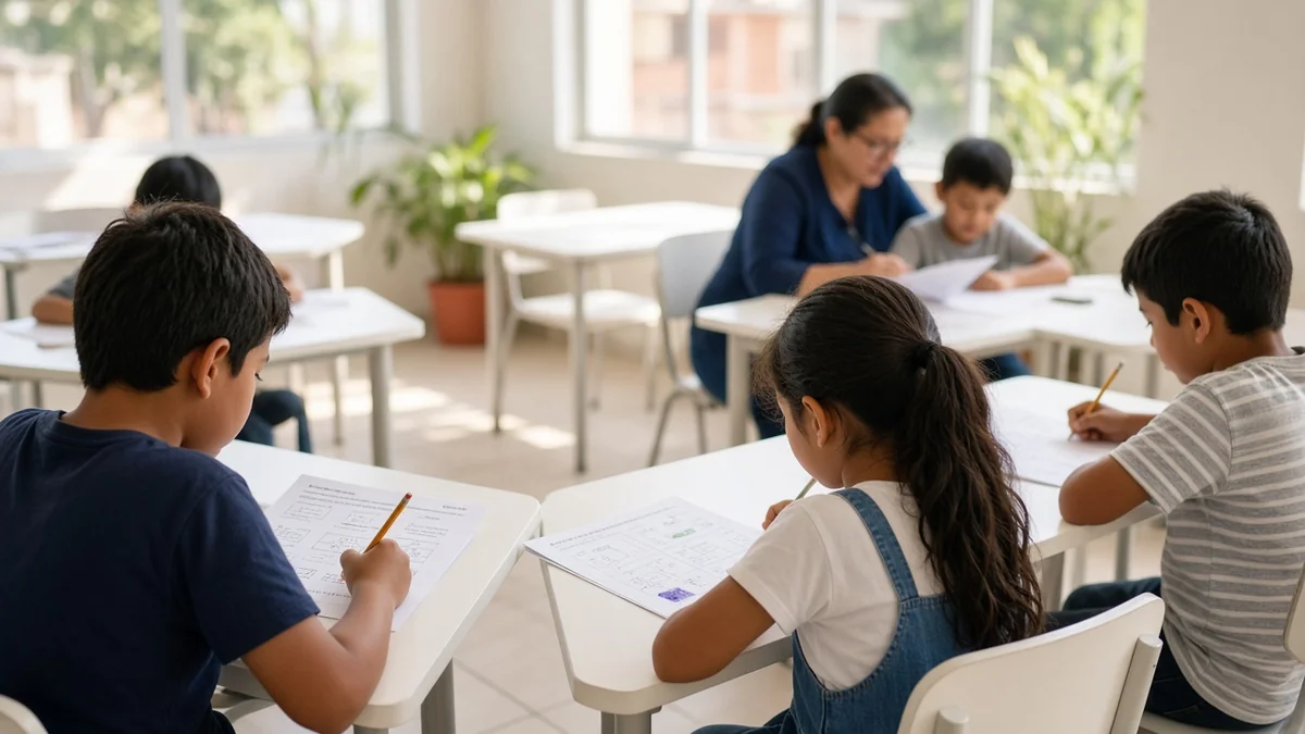 Niños resolviendo hojas de ejercicios de matemáticas en mesas individuales de un centro de aprendizaje luminoso, sin marcas
