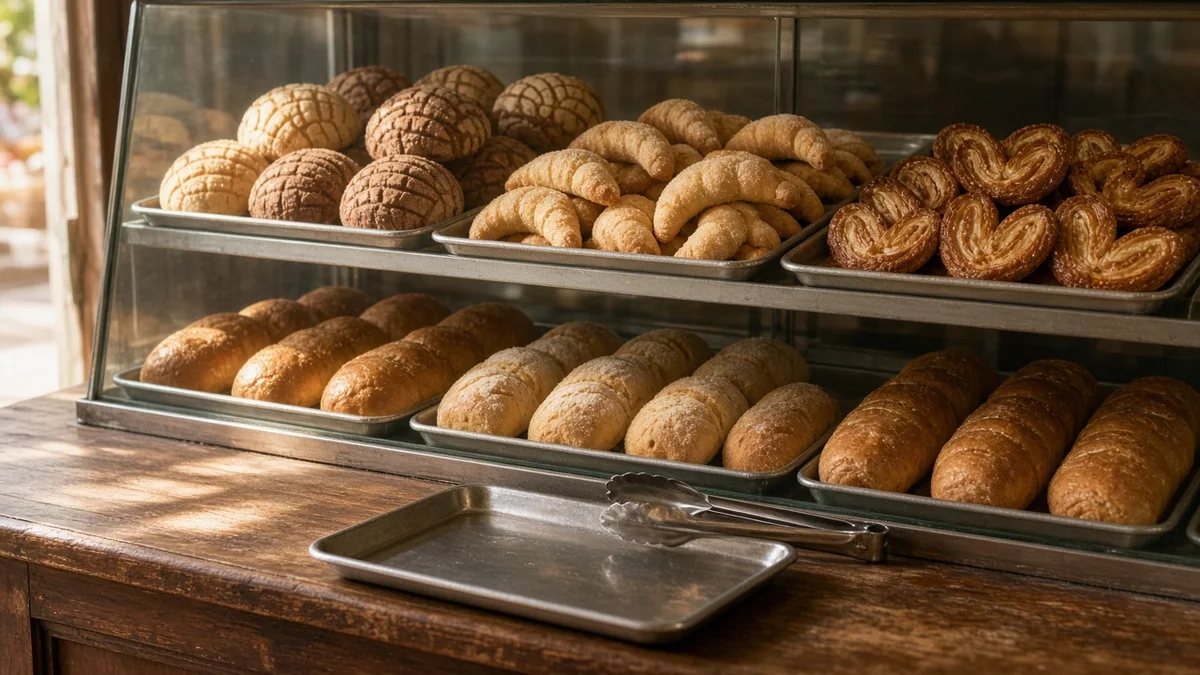 Vitrina de panadería mexicana con conchas, cuernitos y pan dulce recién horneado