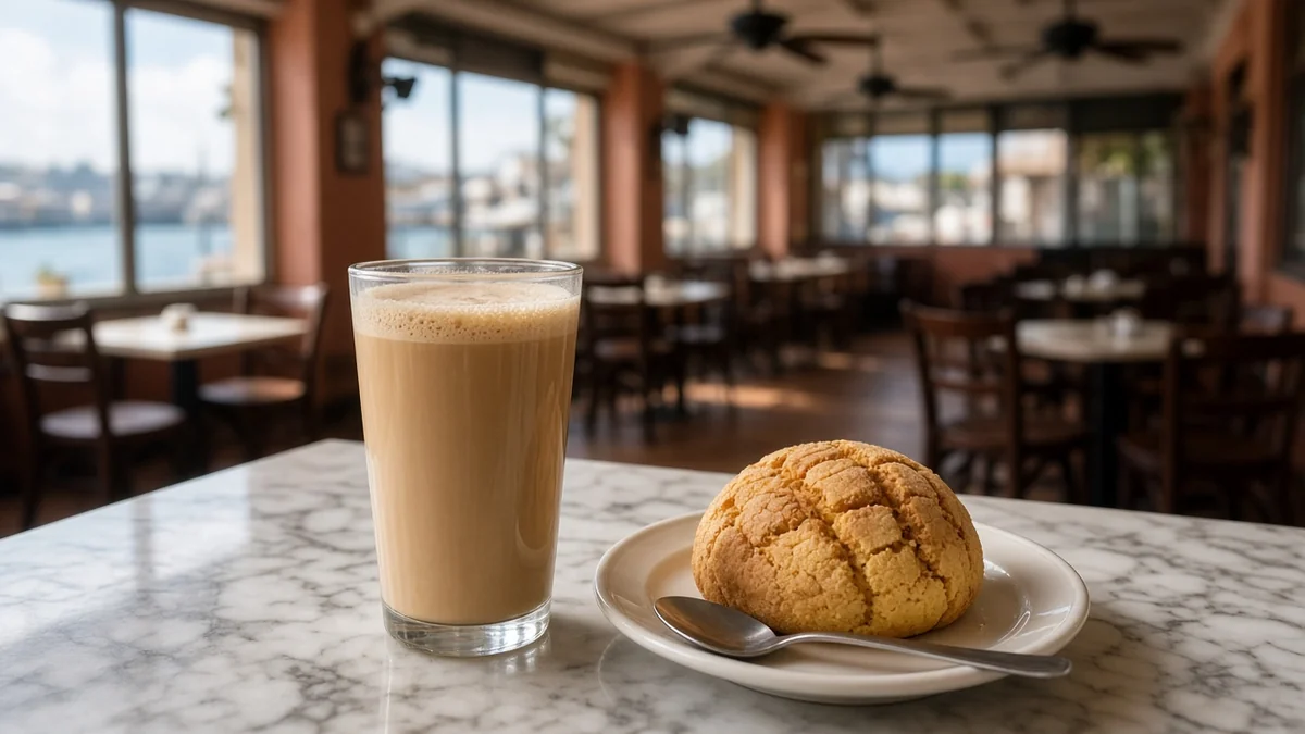 Vaso de café lechero servido en una mesa de cafetería tradicional con pan dulce al lado
