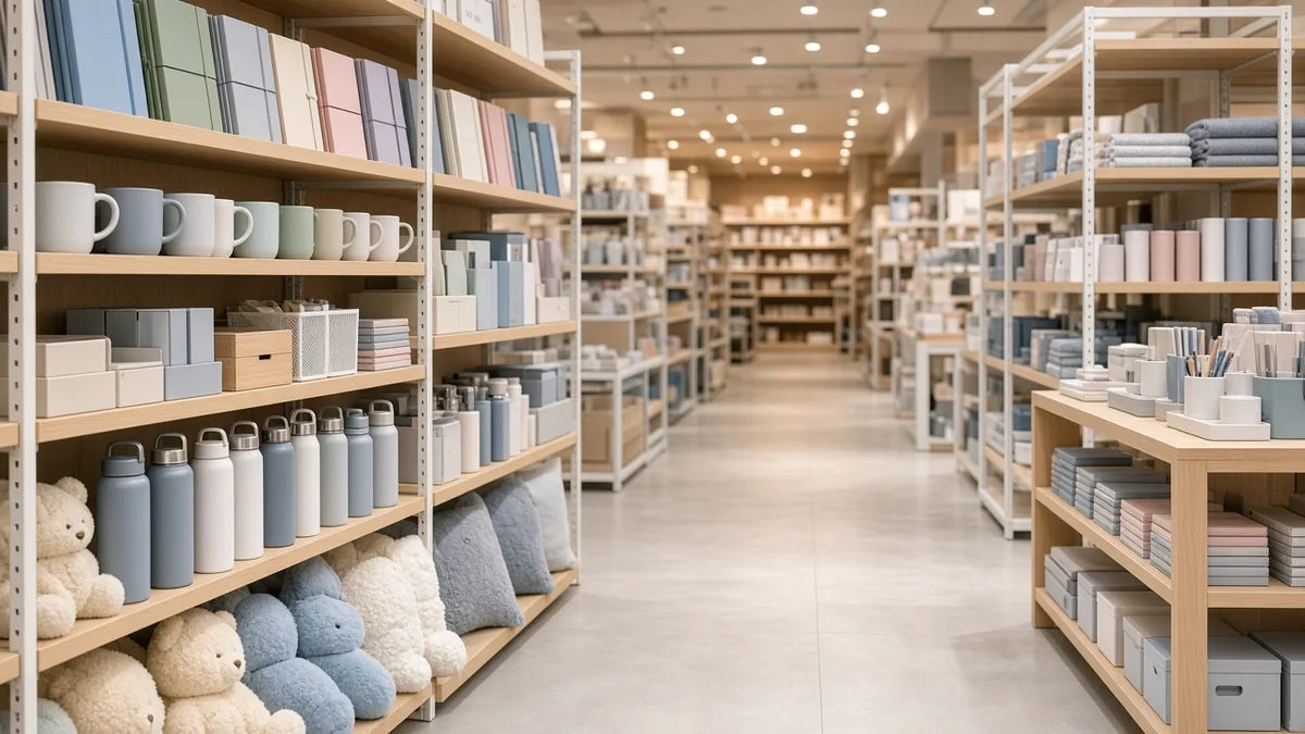 Pasillo de una tienda de variedad con papelería, artículos para el hogar y peluches sin marcas ni letreros