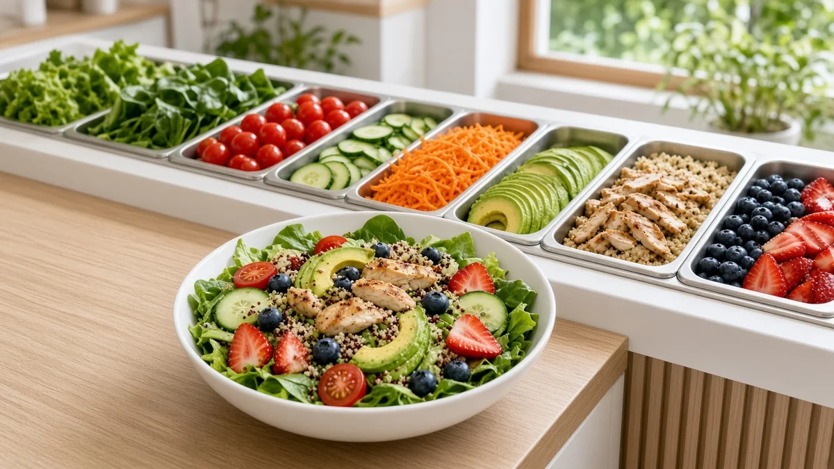 Barra de ensaladas con ingredientes frescos en recipientes y una ensalada servida en un tazón sobre el mostrador, sin marcas