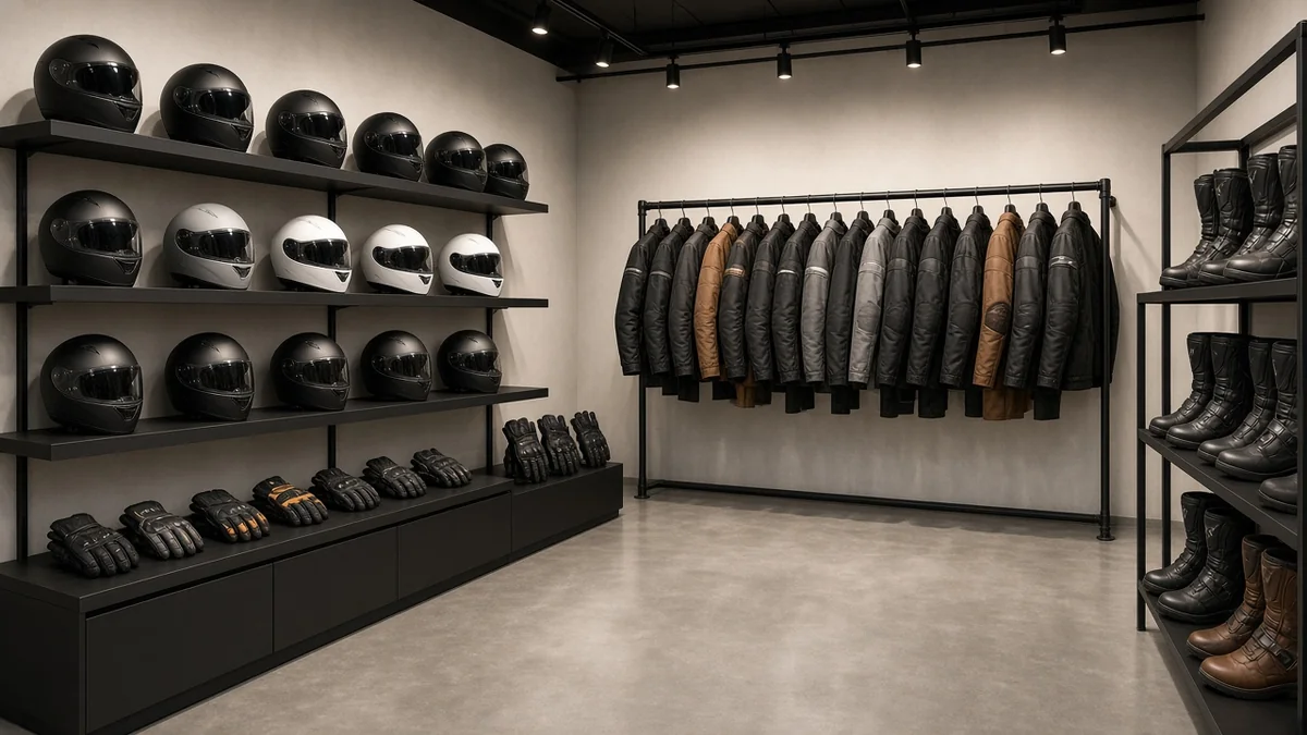 Interior de una tienda de accesorios para motociclistas con cascos, chamarras y guantes en exhibición, sin marcas visibles