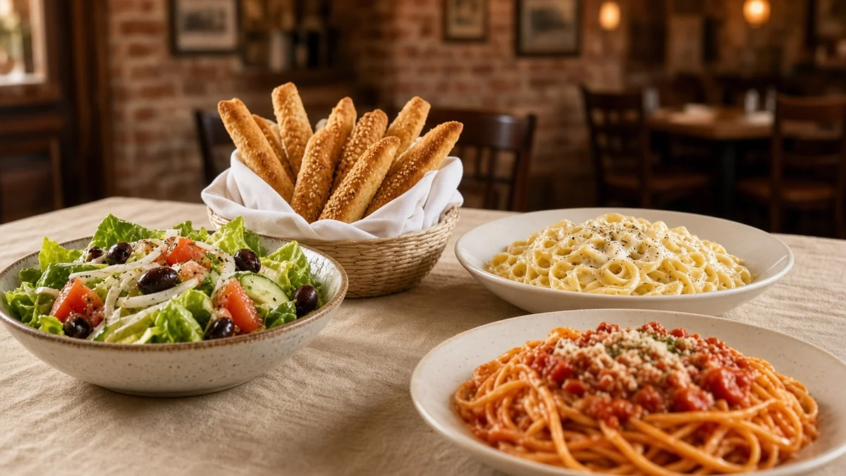 Mesa de restaurante italiano con platos de pasta, ensalada y pan, en un comedor familiar con luz cálida, sin marcas