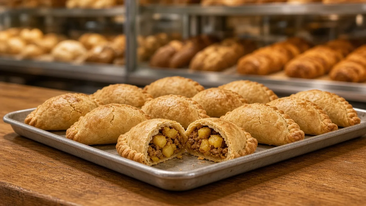 Pastes recién horneados en una charola de panadería con relleno visible, sin logotipos
