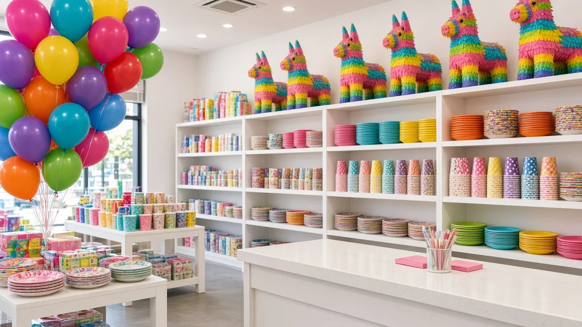 Tienda de artículos para fiestas con globos, piñatas y adornos en repisas, sin logotipos