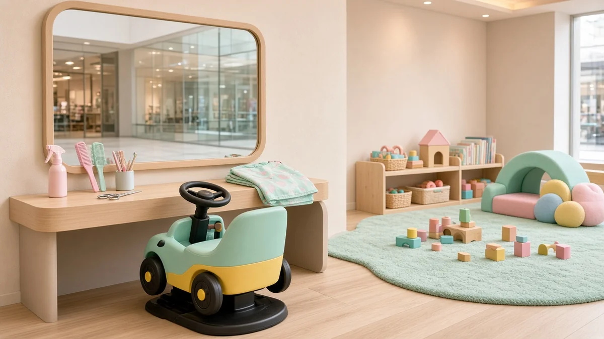 Estética infantil con silla de corte en forma de carrito, espejo y área de juegos con juguetes de colores