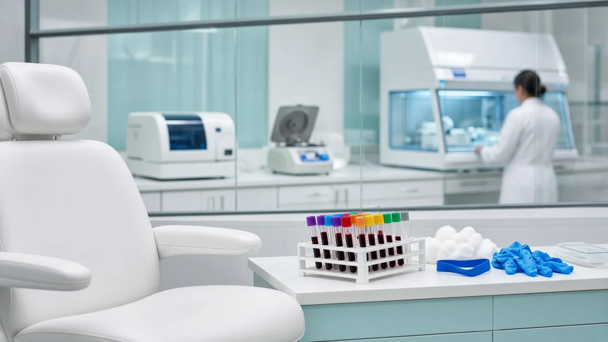 Área de toma de muestras de un laboratorio clínico moderno con sillón, tubos de ensayo y un analizador al fondo, sin marcas.