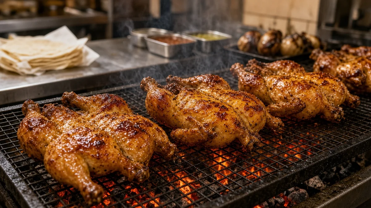 Pollos asados al carbón dorándose sobre una parrilla con brasas encendidas.