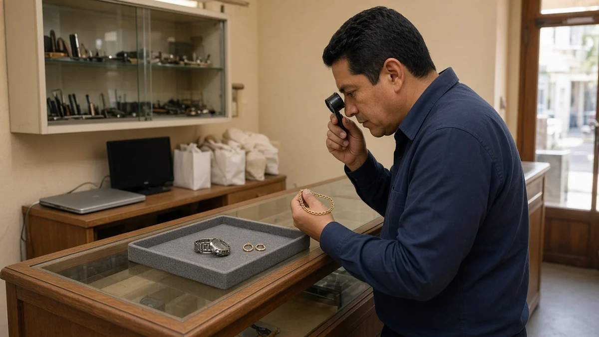 Mostrador de una casa de empeño con vitrina de joyería y un reloj sobre el cristal, sin marcas ni letreros