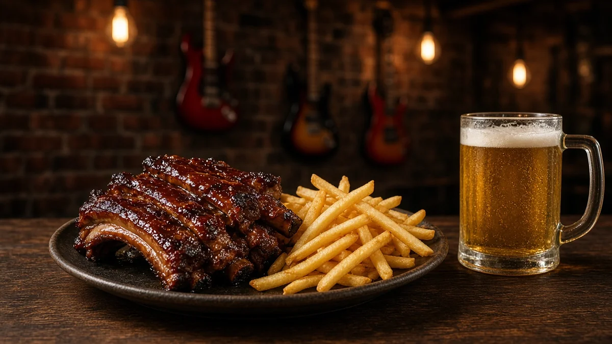 Interior de restaurante bar con racks de costillas ahumadas y cervezas sobre mesa de madera, sin marcas