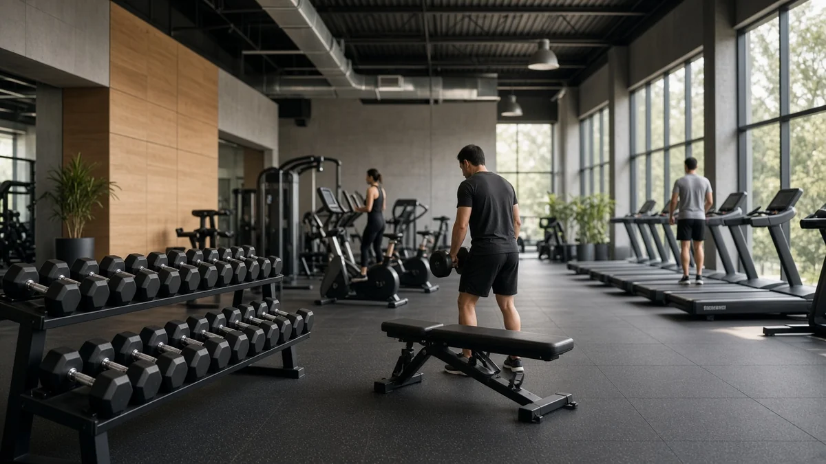 Sala de pesas y caminadoras de un gimnasio amplio y moderno con luz natural, sin logotipos ni texto