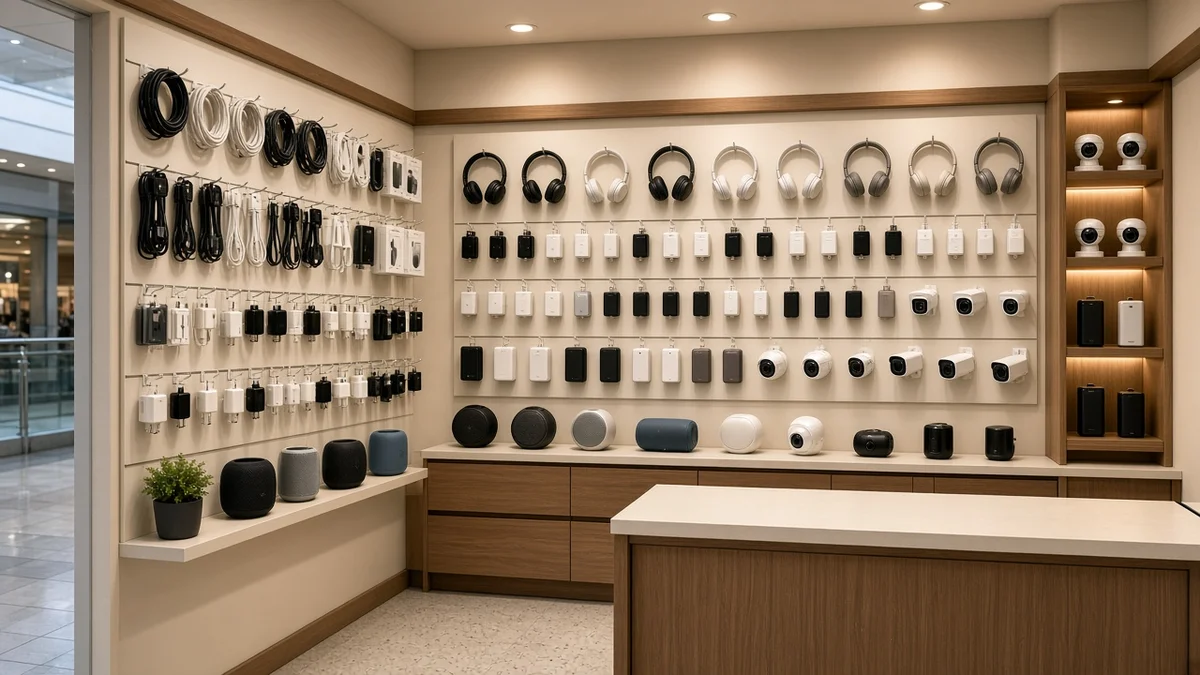 Tienda de accesorios electrónicos con cables, audífonos y cargadores en exhibición