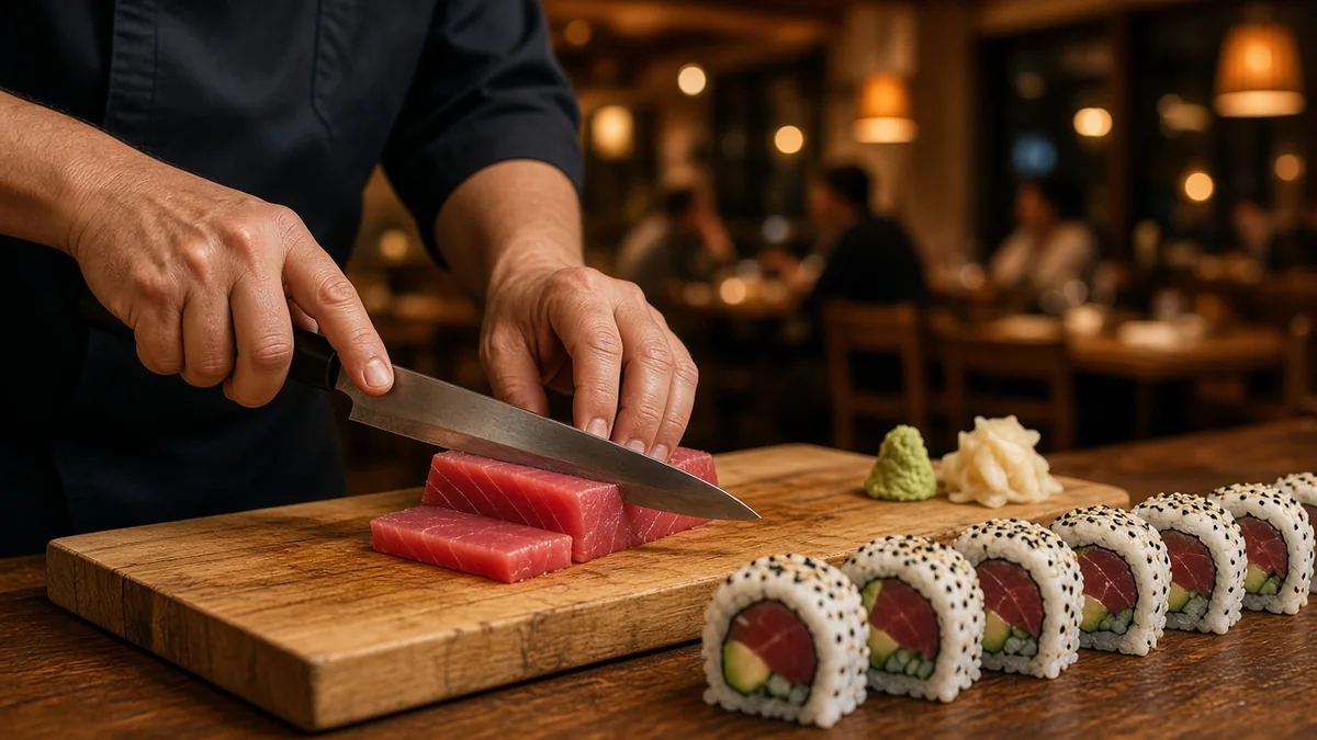 Barra de restaurante de sushi con rollos recién preparados y un cocinero cortando pescado