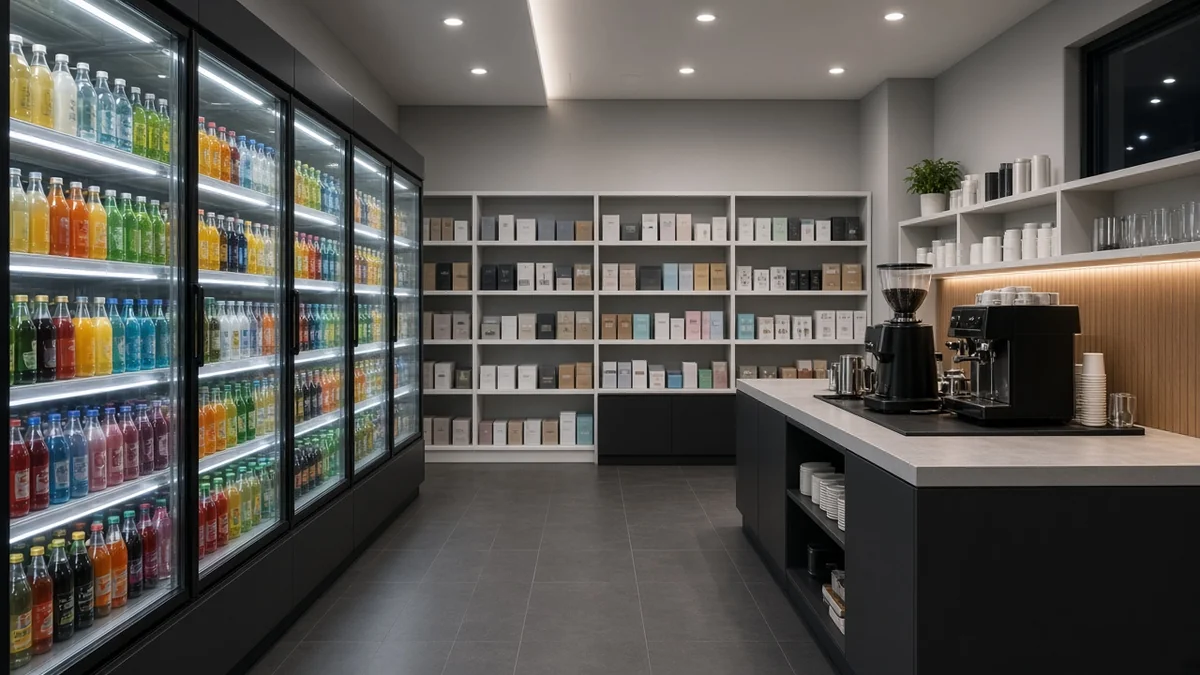 Interior moderno de una tienda de conveniencia con refrigeradores de bebidas, barra de café y anaqueles ordenados