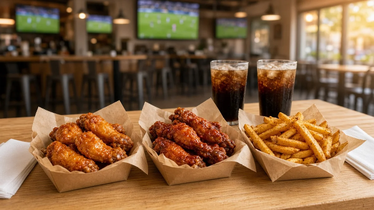 Interior de restaurante casual de alitas con canastas de pollo y papas fritas sobre mesa de madera, sin marcas