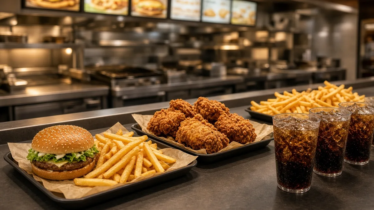 Mostrador de restaurante de comida rápida con hamburguesas, pollo frito y papas en charolas, sin logotipos