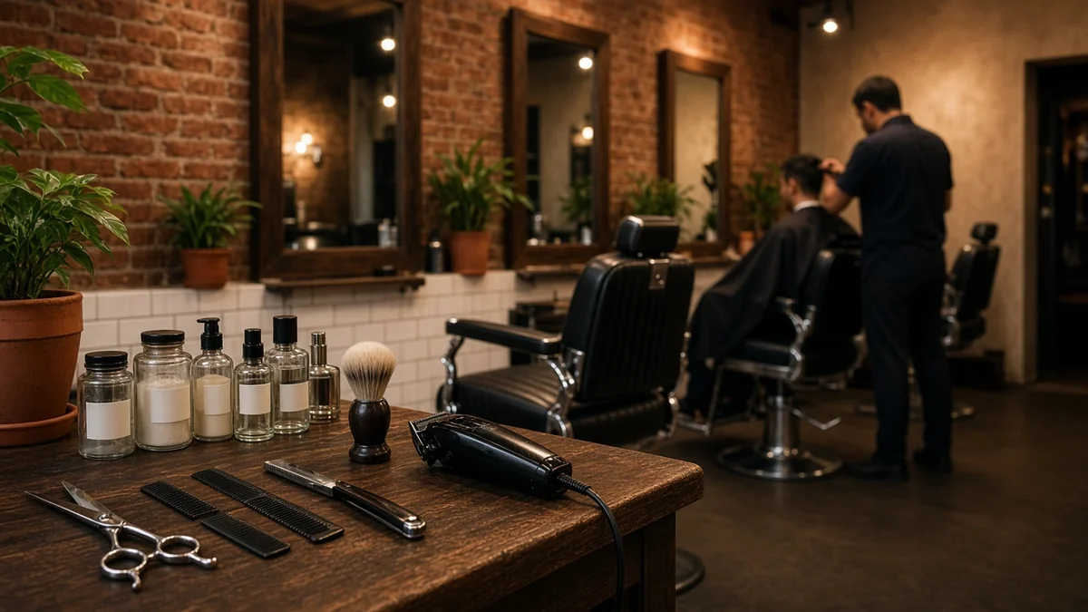 Interior de una barbería moderna con sillas de barbero, espejos y herramientas de corte sobre el mostrador