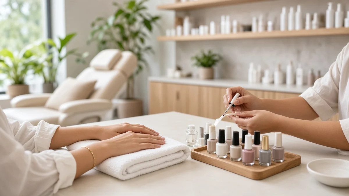 Salón de belleza moderno con estación de manicure, sillón de tratamiento facial y productos en repisas sin marca