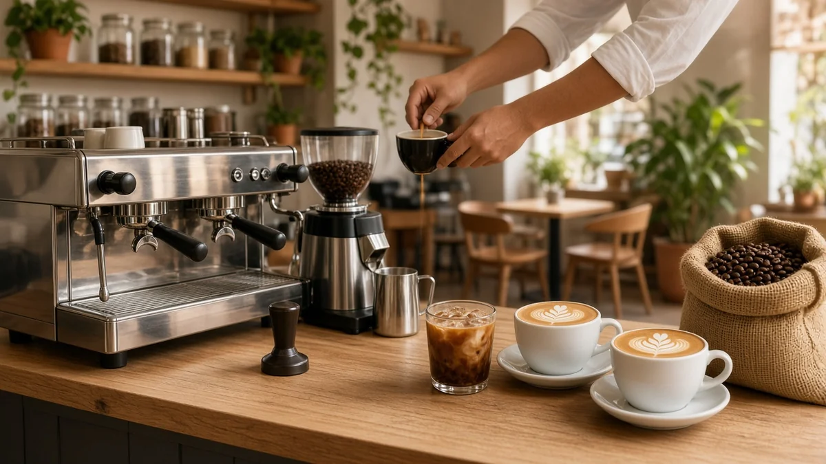 Barra de una cafetería moderna con máquina de espresso, molino y tazas de café recién servidas
