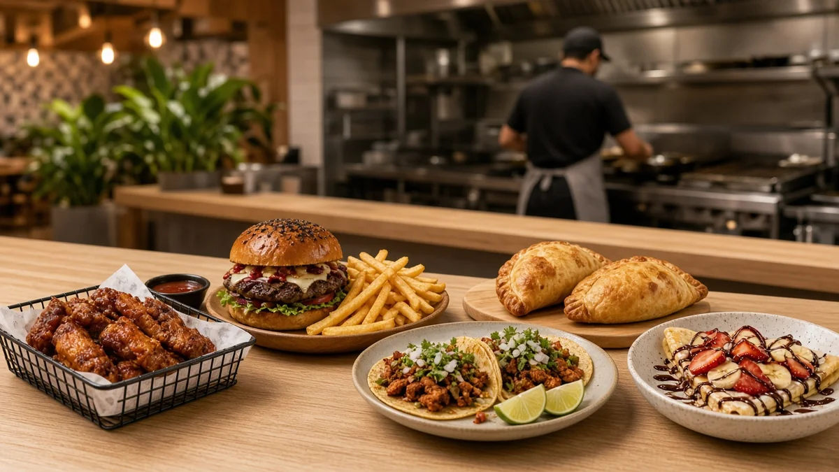 Barra de comida rápida moderna con alitas, hamburguesas, tacos y pastes listos para servir, sin marcas